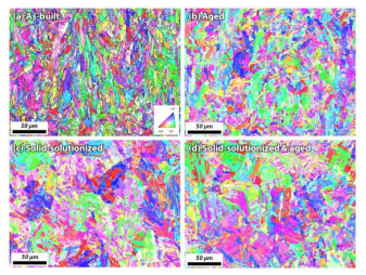 EBSD를 통해 측정된 열처리된 Vertical 샘플의 Inverse pole figure maps