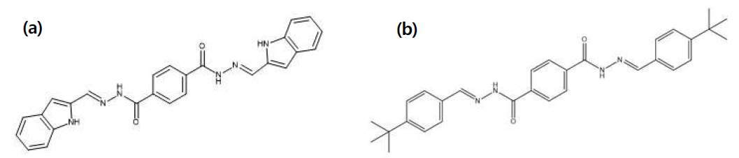 (a) TIAH (MW:448.48g/mol) (N´1E,N´4E)-N´1,N´4-bis((1H-indol-2-yl)methylene)terephthalohydrazide.(terephthalindoleacylhydrazine) (b) TtBAH (MW: 482.62 g/mol) (N´1E,N´4E)-N´1,N´4-bis(4-(tert-butyl)benzylidene)terephthalohydrazide. (terephthal t-butyl acyl hydrazine)