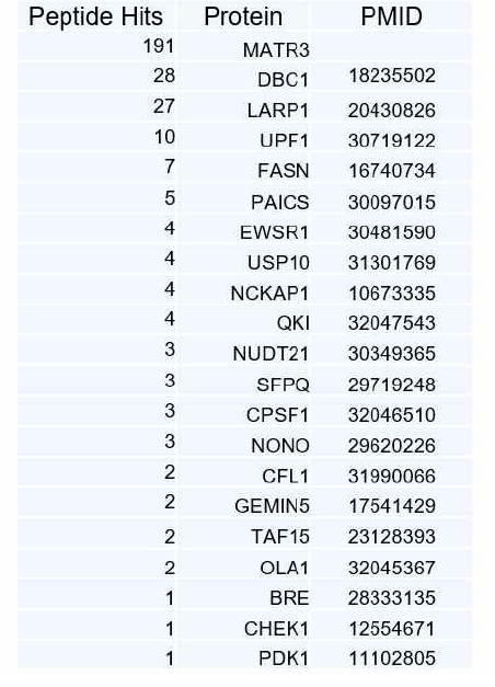 MATR3 와 상호작용하는 단백질들 중, apoptosis 와 관련된 기능을 가진 단백질들만 따로 선정하였다