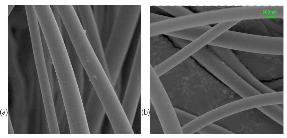 6FDA-TFDB를 전기방사한 나노섬유(a)와 탄화한 나노섬유(b)의 표면 모폴로지