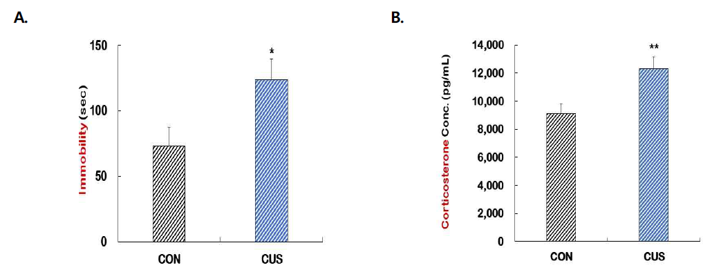 장기간 예측 불가능한 스트레스(CUS)가 강제수영검사의 부동시간(A) 및 혈장 corticosterone 농도(B)에 미치는 영향