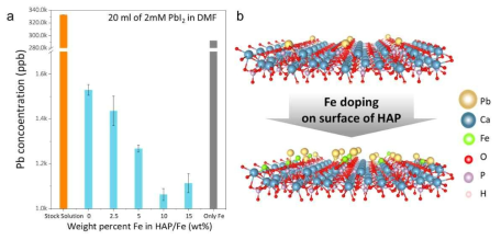 하이드록시 아파타이트에 함유된 철 비율에 따른 납 흡착 후 납의 농도 (a), 하이드록시 아파타이트 및 하이드록시 아파타이트/철 표면에서의 납 흡착 DFT 시뮬레이션 (b)
