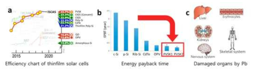 박막태양전지 인증 효율 (a), 다양한 태양전지의 에너지 비용 회수 기간 (b), 납 중독으로 인하여 영향을 받는 인체 장기 (c)