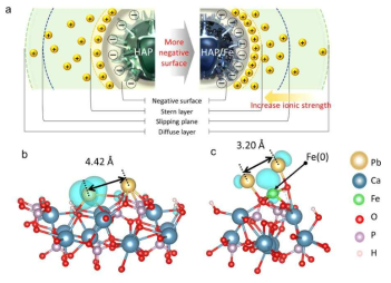전하 인력에 대한 하이드록시 아파타이트와 하이드록시 아파타이트/철의 표면 전하 차이 계략도 (a), 납 흡착의 밀도 기능 이론 (DFT) 시뮬레이션과 납의 표면 밀도를 증가시킬 수 있는 납-철-납 상호 작용을 보여줌 (b), (c)