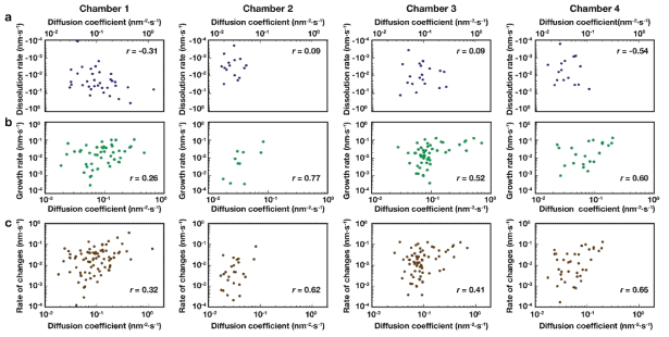 Experimental investigation of the diameter changes and diffusion coefficients of individual particles from all frames. a) Dissolution rate, b) growth rate, and c) rate of changes (absolute values of growth and dissolution rates) as a function of diffusion coefficients. r is the Pearson correlation coefficient. The correlation between dissolution rates and diffusion coefficients is higher in Chambers 1 and 4 than Chambers 2 and 3. Growth rates and rates of changes are always positively correlated with diffusion coefficients, but their correlation coefficients are diverse