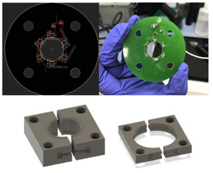 Cage system에 적용하기 위한 LED ring과 렌즈 마운트, PCB도면 설계를 통한 LED ring의 제작 (상), 3D printing을 통한 렌즈 마운트의 제작 (Edmund Optics, #63-652, #49-956) (하)