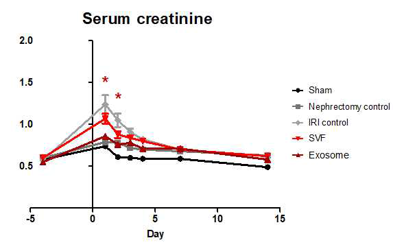 IRI 동물모델에서 SVF, Exosome 투여에 따른 혈청 크레아티닌(Serum Creatinine) 변화