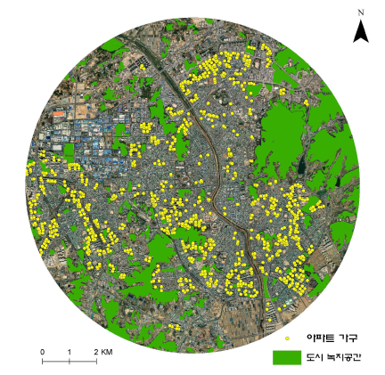 청주시 연구 대상지 내 아파트 가구 및 도시 녹지공간 분포