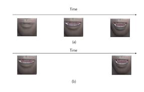 (a) Differences in the mouth shapes among consonants (‘ㅁ’, ‘ㅂ’, ‘ㅍ’) from the left to the right (b) Differences in the mouth shapes between ‘ㅈ’ and ‘ㅊ’