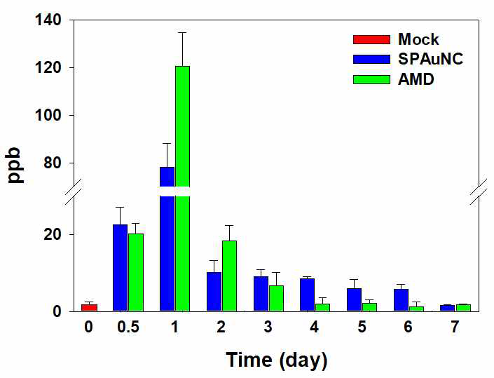 EGFR 과발현 삼중음성유방암(MDA-MB-468)의 주암 동물모델(BALb/C nude mouse, 수컷, 암 크기: 300 ± 20 mm3)에 SPAuNC와 AMD를 정맥주사 한 후, 시간에 따른 소변에서의 Au 농도 비교 결과