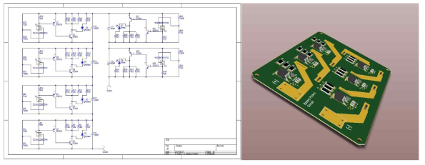 (좌) 슈퍼커패시터 셀밸런싱 회로, (우) 셀뱅런싱 회로 PCB 보드 3D모델