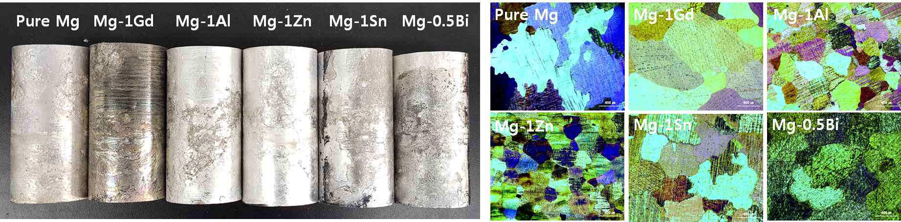 주조된 합금들의 사진과 미세조직 사진