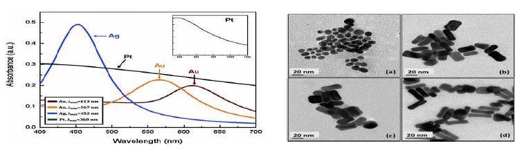 (ⅰ) 각 나노입자의 흡광 스펙트럼, 주황색 선은 금 나노구형 입자, 갈색 선은 금 나노 막대 and (ⅱ) TEM 사진, (a) 은 나노입자 (b-d) 금 나노막대