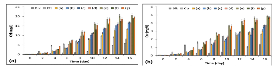 (a) 총 Chl 함량, 대조군(Ctr), 검은 종이로 암막 효과를 넣은 실험군(Blk), 나노 입자 용액을 이용한 실험군(a-g) and (b) 총 Car 함량, 대조군(Ctr), 검은 종이로 암막 효과를 넣은 실험군(Blk), 나노 입자 용액을 이용한 실험군(a-g)