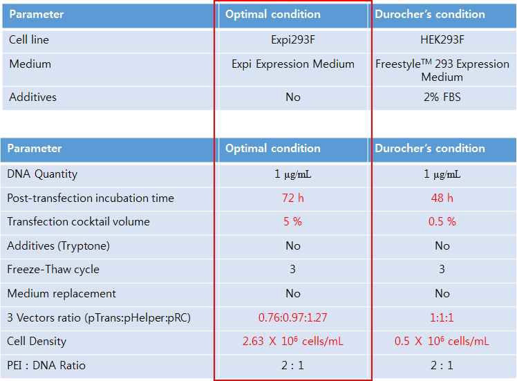 DoE 기반(optimal condition) AAV 배양 조건과 OFAT 기반(durocher’s condition) AAV 배양 조건의 비교