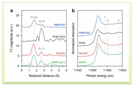 Pt1/CNT 촉매, PtTPP 전구체 및 Pt 나노입자 비교군의 X-ray 흡수 스펙트럼. a) EXAFS 및 b) XANES 스펙트럼