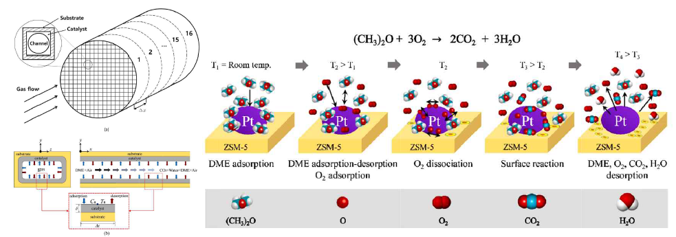 Monolith형 촉매연소기의 모식도 및 monolith내 물질의 흡측/탈착 과정