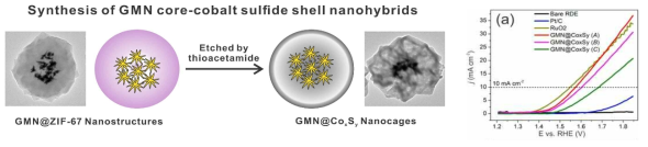 다중 GMNs와 황화 코발트 (GMN@CoxSy) 나노케이지 형성과정과 OER 촉매 활성 비교