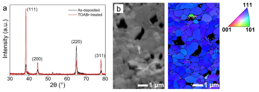 (a) TOABr 처리 전/후의 XRD 패턴, (b) TOABr 처리 후의 EBSD map