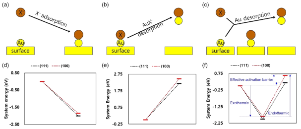 Au 결정면에 따른 adsorption 및 desorption의 개략도와 에너지 다이어그램