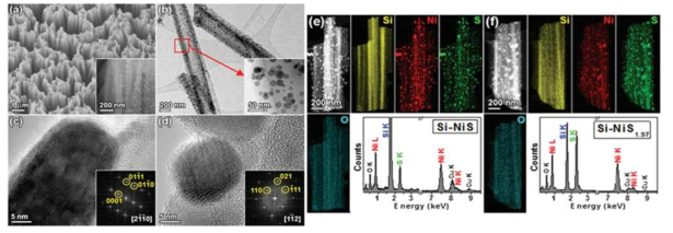 광전기화학적 촉매 활성 측정을 위해 Si NWs에 황화 니켈을 합성한 Si-NiS와 Si-NiS1.97 샘플의 SEM, TEM, mapping, EDX 데이터이다. (a)는 Si-NiS를 기울인 방향에서 바라본 것이다. (b)는 Si-NiS 샘플의 한 가닥을 확대한 이미지이다. ©는 Si-NiS의 HRTEM과 FFT이다. (d)는 Si-NiS1.97의 HRTEM과 FFT이다. (e)는 Si-NiS의 EDX와 mapping, (f)는 Si-NiS1.97의 EDX와 mapping이다