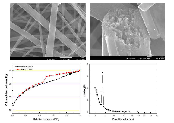 PVP를 이용한 다공성 탄소나노섬유의 FE-SEM 사진, 질소흡착곡선, 기공분포