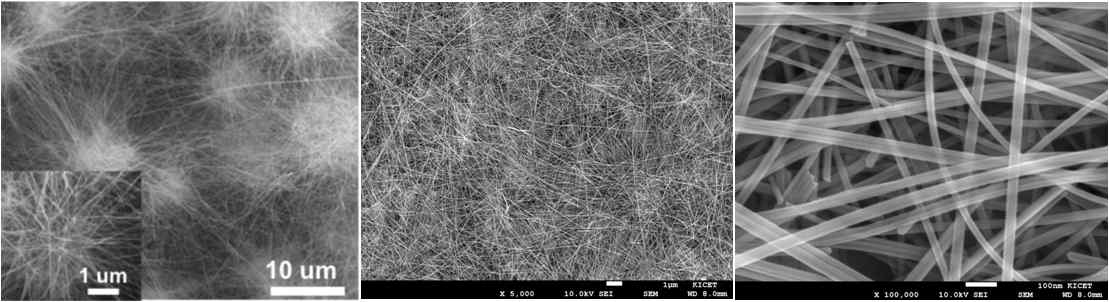 에어로필름의 SEM 이미지: (좌) 나노와이어의 성장 초기, (중,우) 나노와이어의 성장 후기 저배율 및 고배율 이미지