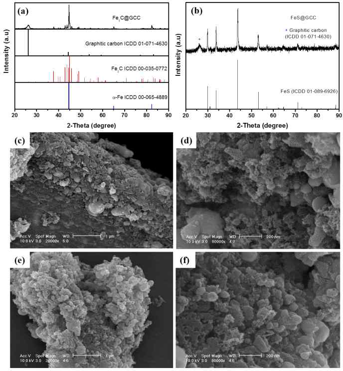 Fe3C@GC와 FeS@GC의 XRD 분석 및 SEM 관찰 결과