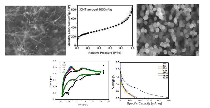다공성 에어로필름의 탄소나노튜브 형상, BET에 의한 비표면적 특성, SnO2 코팅된 에어로필름 형상, SnO2 이종원소가 도핑된 나노튜브 에어로필름의 전기화학적 특성 평가