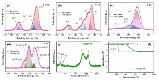 질소/유황 도핑 FeS@CNF 복합체의 XPS와 XRD 분석