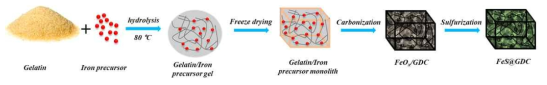 젤라틴 기반 질소도핑 FeS@GDC 제조 과정