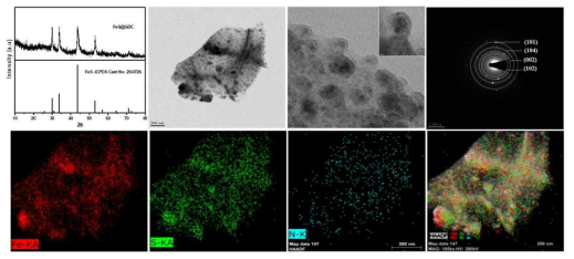 젤라틴 기반 질소도핑 FeS@GDC의 XRD, TEM, SAED 패턴 및 EDS 분석 결과