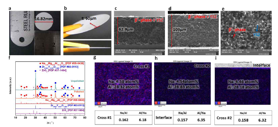 단층형 박판 고체전해질의 형상 (a, b), 미세구조 (c~e), 상 (f) 및 조성분석 (g~i)