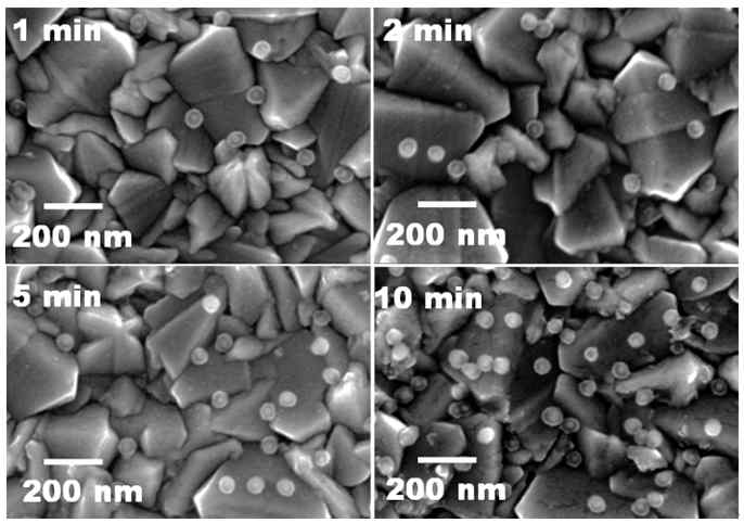 FESEM images of electrophoretic deposition of Ag@SiO2 colloid at pH3 potentiostatic mode (–5V to +5V range) for different deposition times