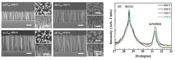 FE-SEM images and DCXRD curves of InN NWs grown at different growth temperature