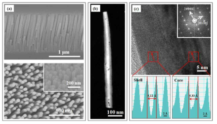 (a) cross-sectional, plan-view, and 3-dimensional FE-SEM images, (b) cross-sectional TEM and (c) HRTEM images of InGaN-GaN core-shell NWs