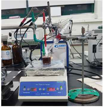 Photograph of EPD setup with three electrodes
