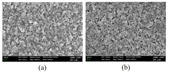 FESEM imges of NR-I Aurod@SiO2 core-shell NP QDs colloids loaded FTO electrodes according to applied current density, (a) 2 mA/cm2, (b) 8 mA/cm2