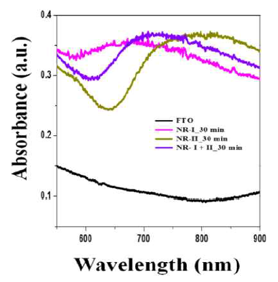 UV-visible spectra of NR-Ⅰ, NR-Ⅱ, NR-(Ⅰ+Ⅱ) colloids NP QDs loaded FTO electrode at 30 min deposition time