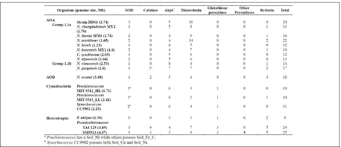 암모니아 산화 고세균 및 다양한 세균의 oxidative stress 관련 유전자 분포