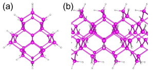 실리콘 나노도선의 원자 구조: (a) 단면 모습, (b) 옆 모습. 직경이 8.4 Å 이며 도선의 축방향이 실리콘 [110] 방향이다. 자홍색 공은 실리콘 원자이고, 밝은 회색 공은 수소 원자이다