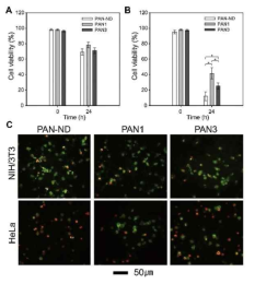 PAN-ND, PAN1 및 PAN3으로 24시간 동안 처리한 다음 레이저 조사 (5 분 및 1.0 W/cm2) 후 (A) NIH/3T3 및 (B) HeLa 세포의 생존율. (C) PAN-ND, PAN1 및 PAN3으로 24시간 동안 처리 된 다음 레이저 조사 후 NIH/3T3 및 HeLa 세포의 LIVE/DEAD 염색된 형광 현미경 이미지. * 두 그룹 간의 유의 한 차이 (p <0.05)