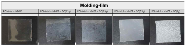 PCL-triol, HMDI, gylcol chitosan 혼성고분자로 제작된 필름 형태의 스캐폴드 사진