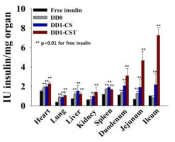 적출된 장기에 축적된 인슐린-Ce6 정량 그래프[인슐린 단독 투여(검정), DD0(회색), DD1-CS(파랑), DD1-CST(빨강)]