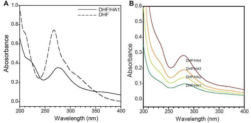 메탄올에서의 (A) DHF 및 수상에서 DHF/HA1 나노 겔 및 (B) 4가지 종류의 DHF/HA 나노 겔 UV-vis 스펙트럼