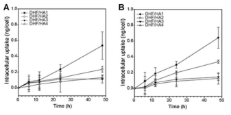 (A) HeLa 및 (B) HepG2 세포에 의한 4가지 종류의 DHF/HA 나노 겔 (0.05 wt%)의 세포 흡수