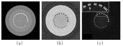 (a) 일반 CT 복원 영상, (b), (c) 물질 분해된 영상