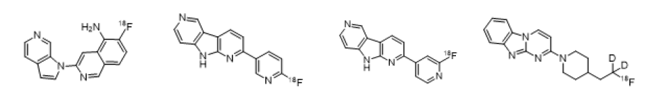 18F-MK-6240, 18F-RO948, 18F-PI2620 및 18F-GTP1의 구조