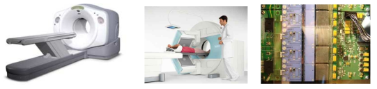 PET-CT 스캐너 (좌), SPECT (중) 및 광자계수형 X선 검출기 예시 (우)