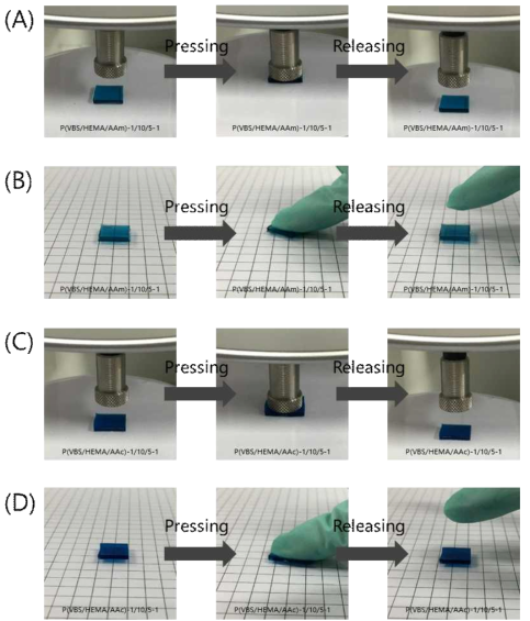 Photographs of (A) P(VBS/HEMA/AAm)-1/10/5-1 hydrogel pressed by flat-type drive assembly; (B) P(VBS/HEMA/AAm)-1/10/5-1 hydrogel pressed by finger; (C) P(VBS/HEMA/AAc)-1/10/5-1 hydrogel pressed by flat-type drive assembly; (D) P(VBS/HEMA/AAc)-1/10/5-1 hydrogel pressed by finger